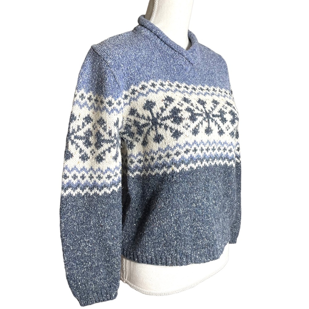 Snowflake Sweater PM Petite M Wool Blend Fair Isle Marled Shawl Collar Nordic